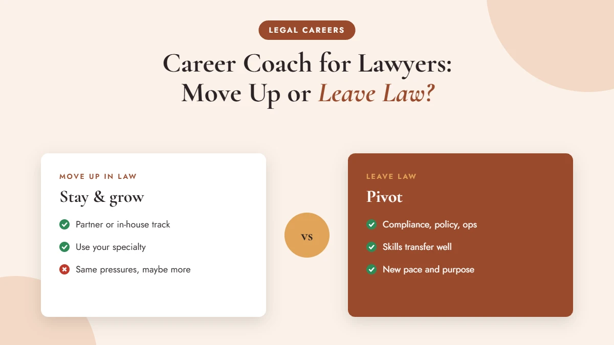 Career coach for lawyers comparing moving up in law versus leaving law
