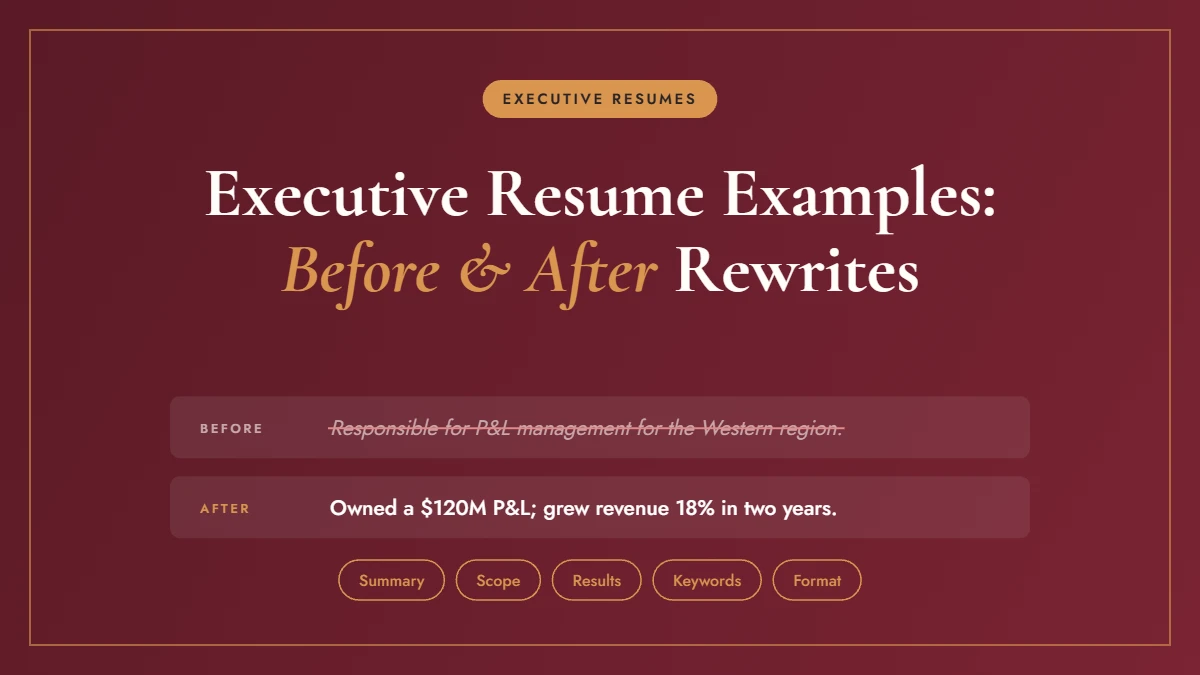 Executive resume examples showing before and after rewrites of summaries and leadership bullets