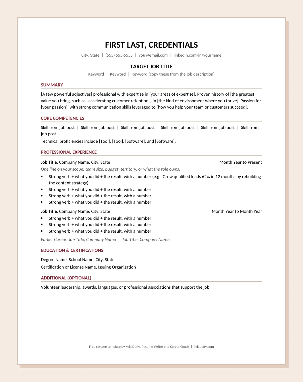 Free ATS-friendly resume template in Word format by Kyla Duffy