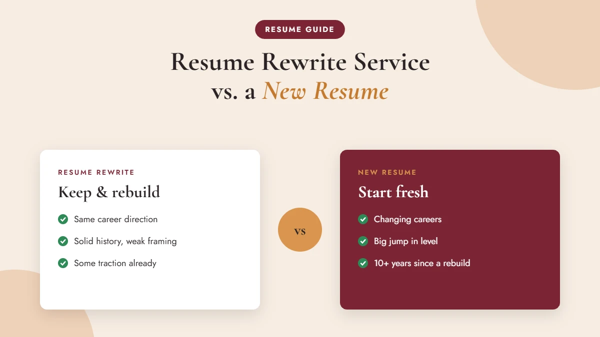 Resume rewrite service vs new resume comparison showing when to rewrite and when to start over